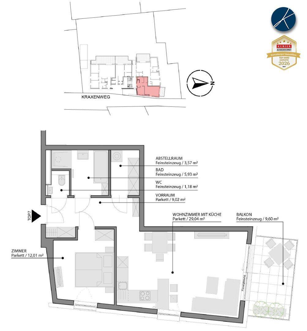 Detaillierter Grundriss der Wohnung mit Raumaufteilung und Flächenangaben.