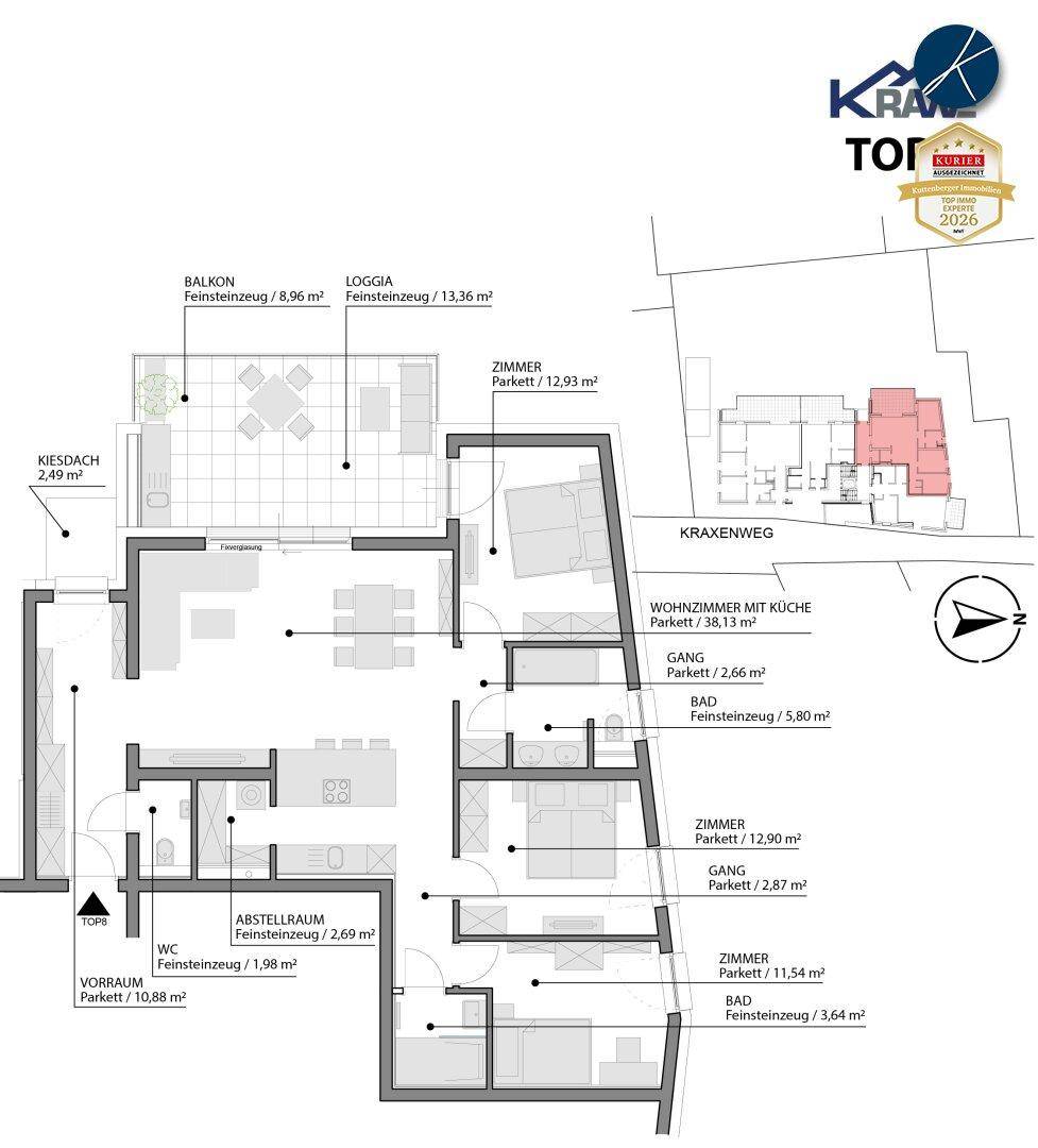 Detaillierter Grundriss der Wohnung mit Raumaufteilung, Balkon und Loggia.