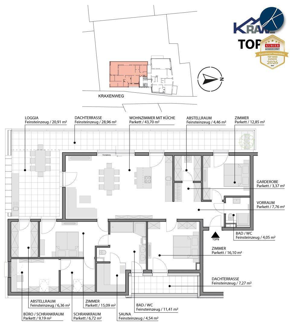 Detaillierter Grundriss einer Wohnung mit Loggia, Dachterrasse und mehreren Zimmern.
