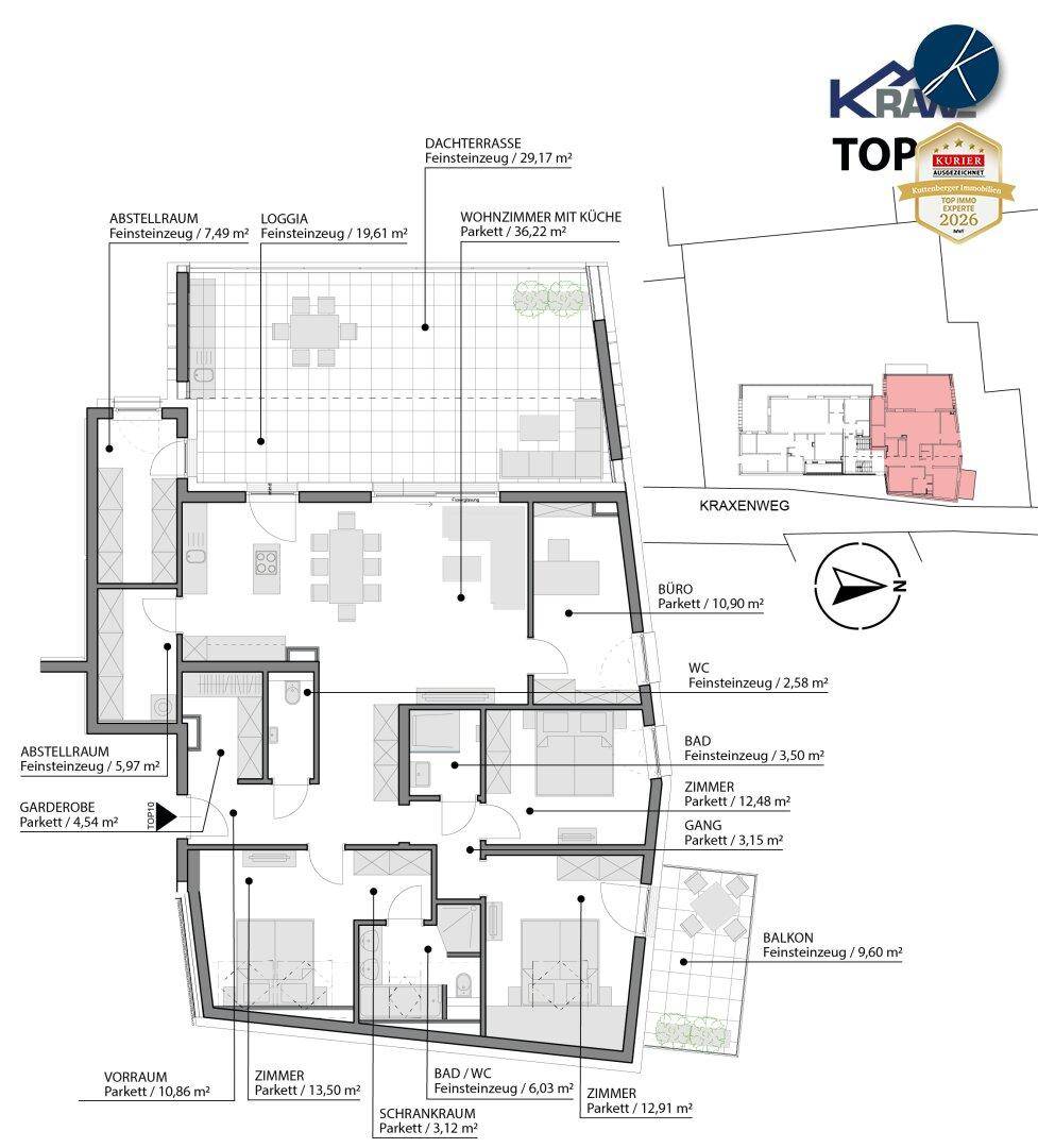 Detaillierter Grundriss mit Zimmeraufteilung, großer Dachterrasse, Loggia und offenem Wohnbereich.