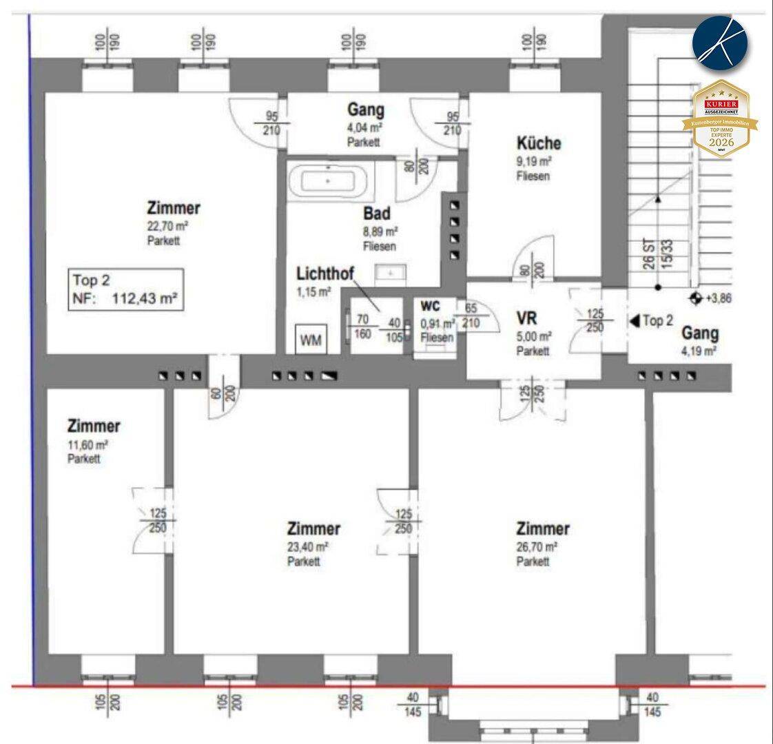 Detaillierter Grundriss einer Wohnung mit mehreren Zimmern, Bad, WC und Küche.