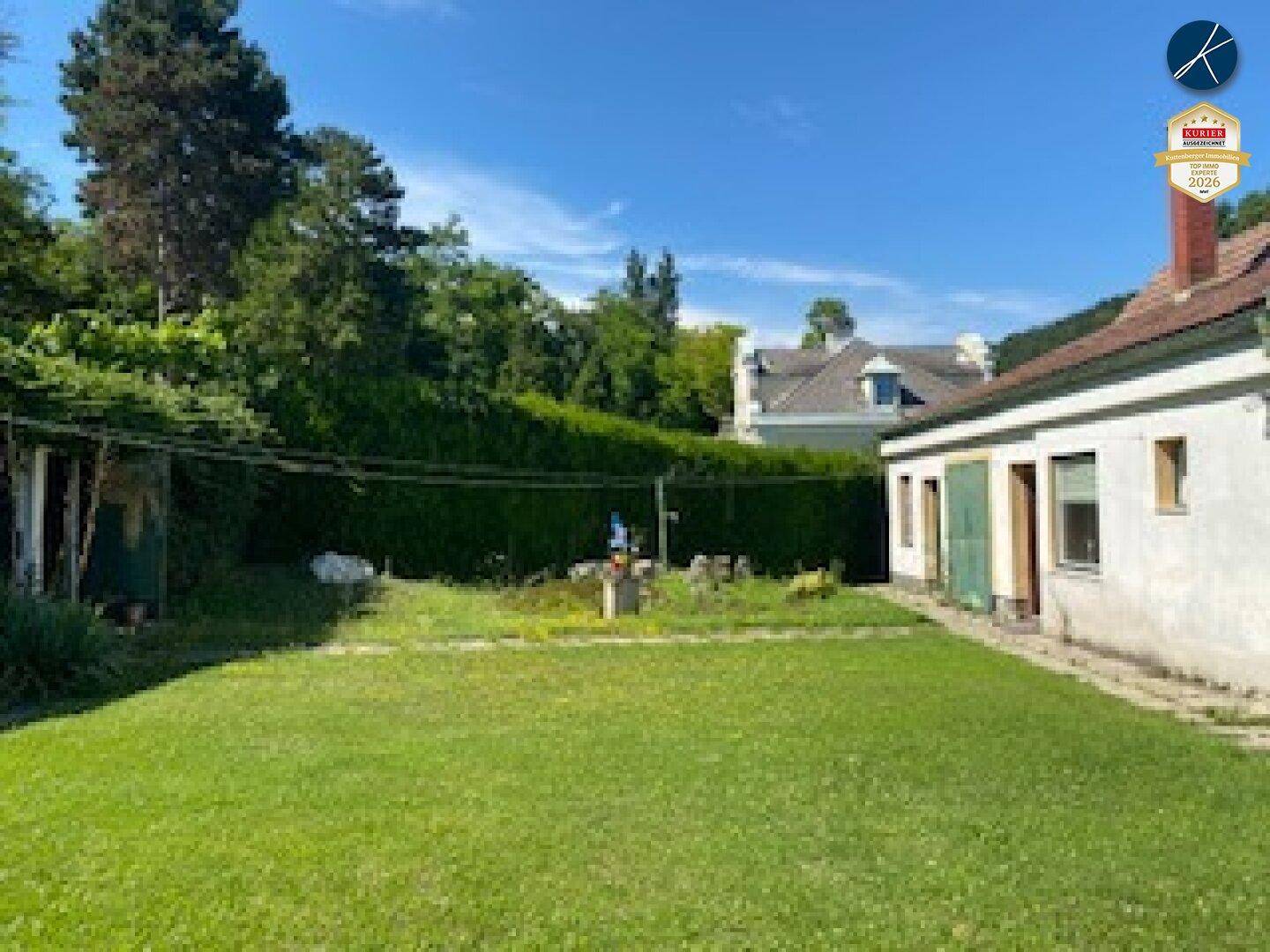 Hinterer Gartenbereich mit Rasen, hoher Hecke und der Rückseite eines traditionellen Hauses unter blauem Himmel.