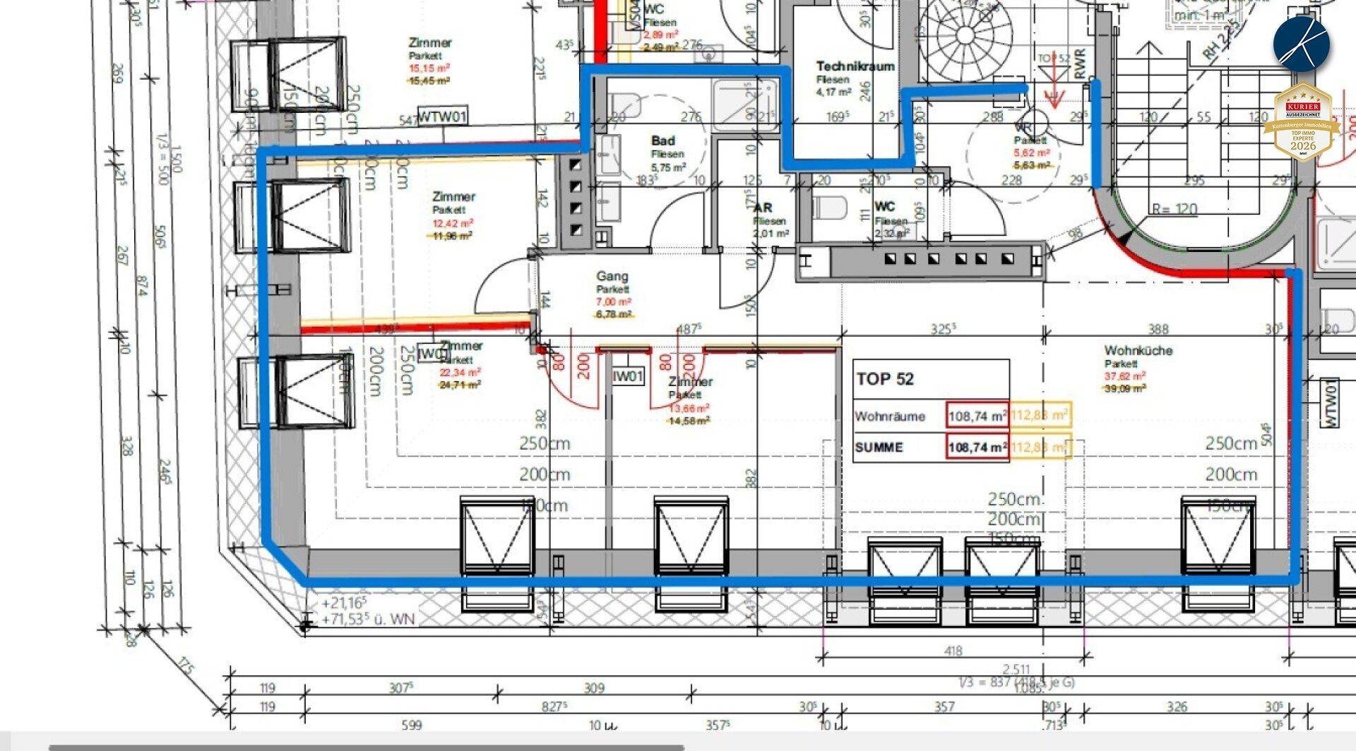 Detaillierter Grundriss einer Wohnung mit mehreren Zimmern und Wohnküche.