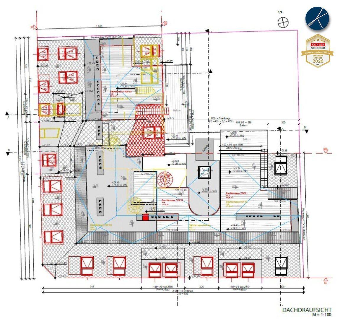 Dachaufsicht des Gebäudes mit verschiedenen Wohneinheiten und Dachterrassen.