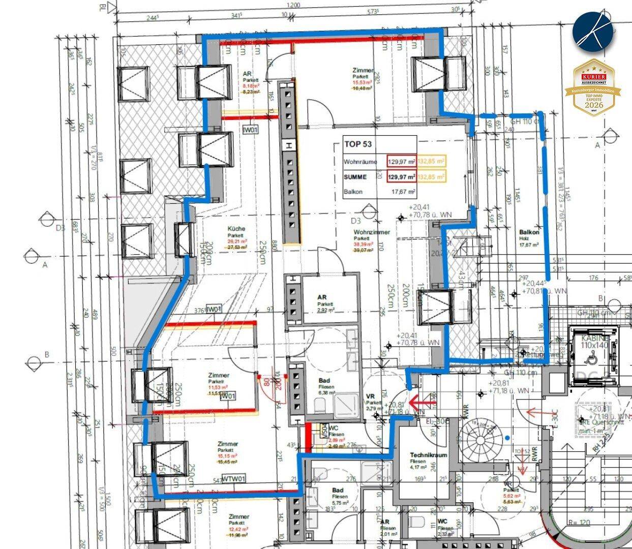 Detaillierter Grundriss einer Wohnung mit mehreren Zimmern, Bädern und Balkon.