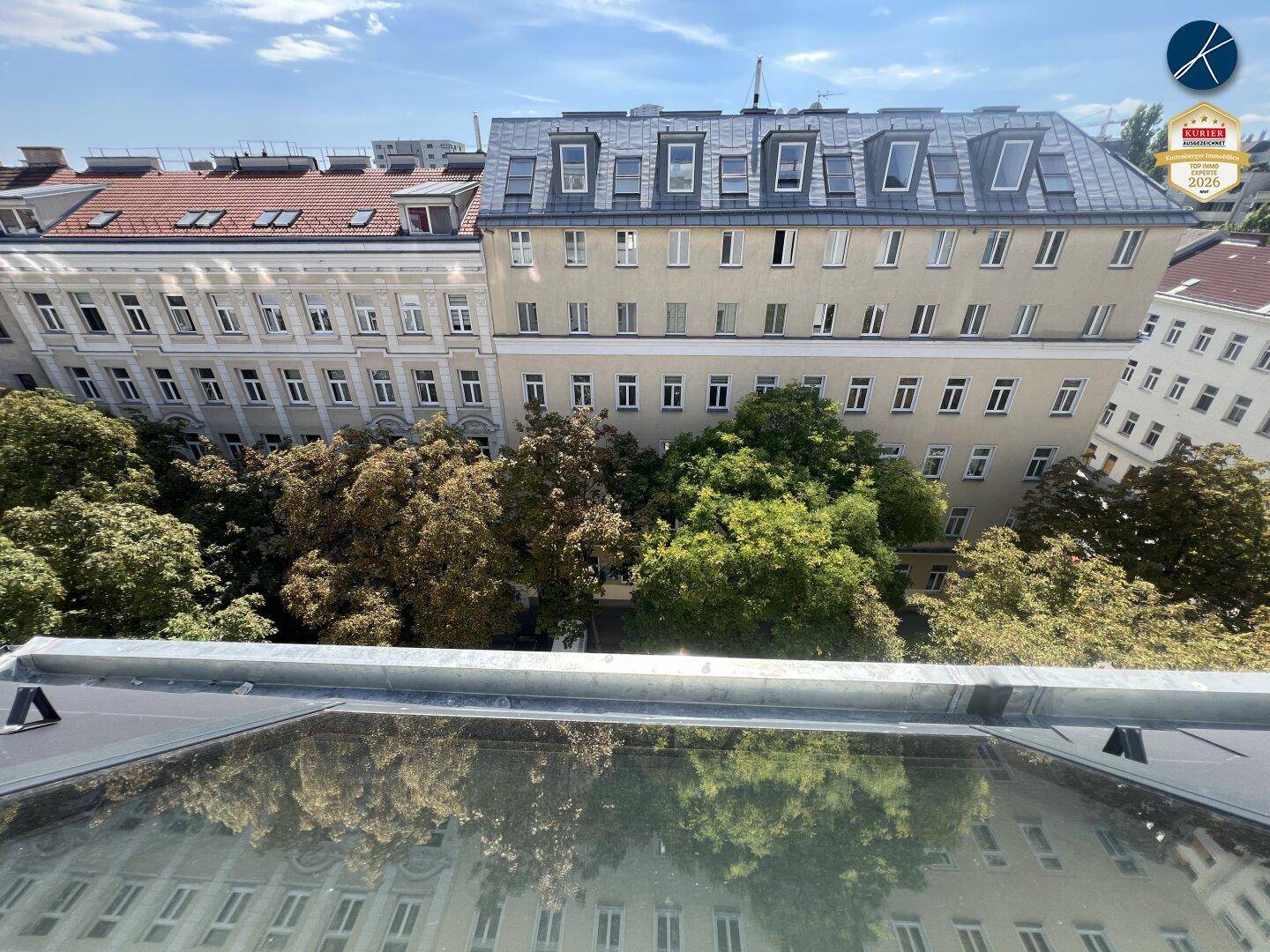 Blick über die Dächer der Stadt mit viel Grün und einem klaren blauen Himmel.