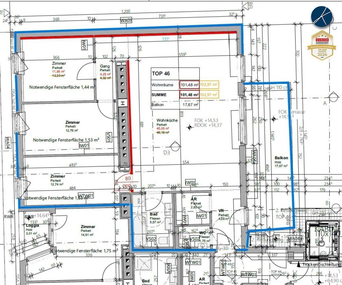 Detaillierter Grundriss der Wohnung Top 46 mit Wohnräumen und Balkonflächen.