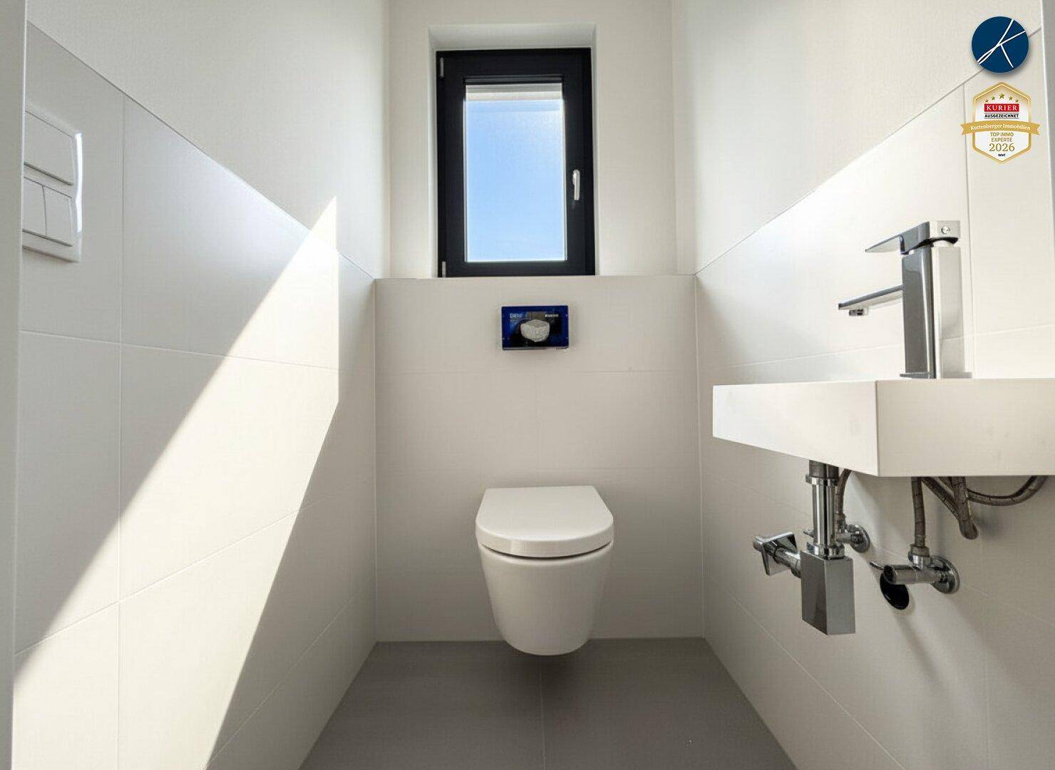 Modernes Gäste-WC mit wandhängender Toilette, kleinem Waschbecken und Fenster.