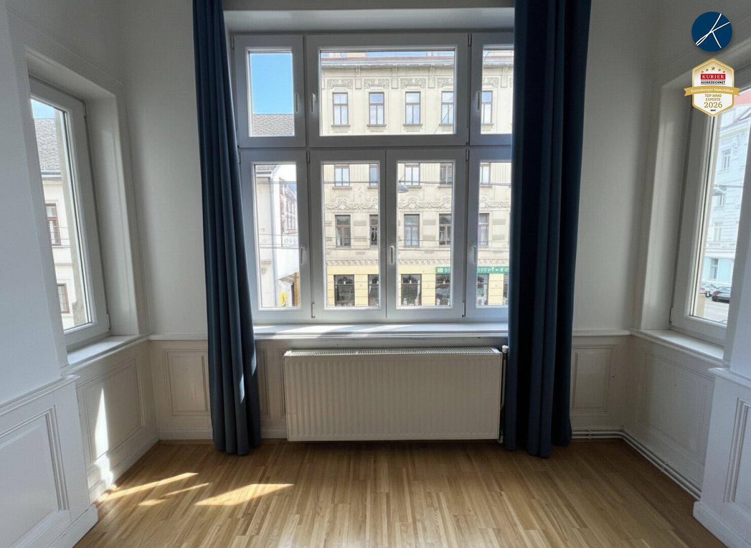Großes Fenster mit blauen Vorhängen, das einen Blick auf die gegenüberliegenden Gebäude bietet.
