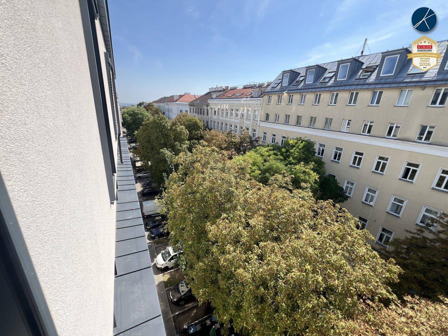 Blick von oben auf eine von Bäumen gesäumte Straße und umliegende Gebäude.