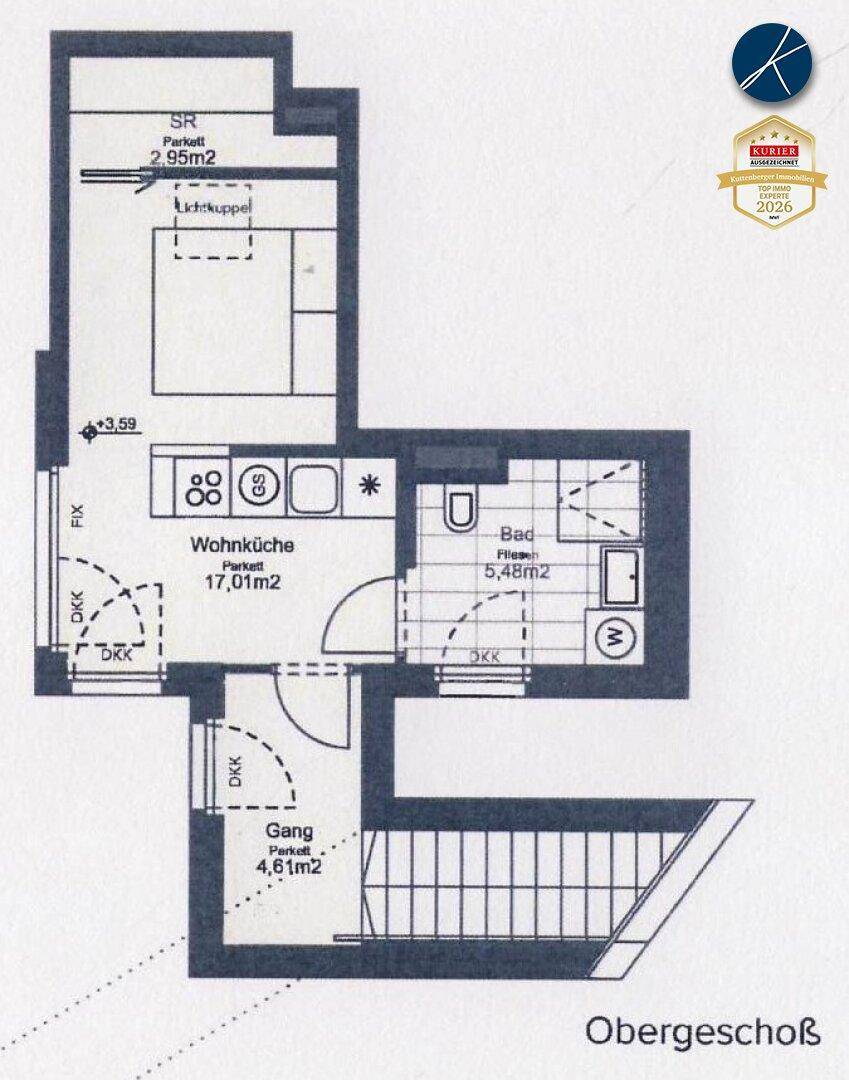 Grundriss des Obergeschosses mit Wohnküche, Bad und Schlafzimmer.