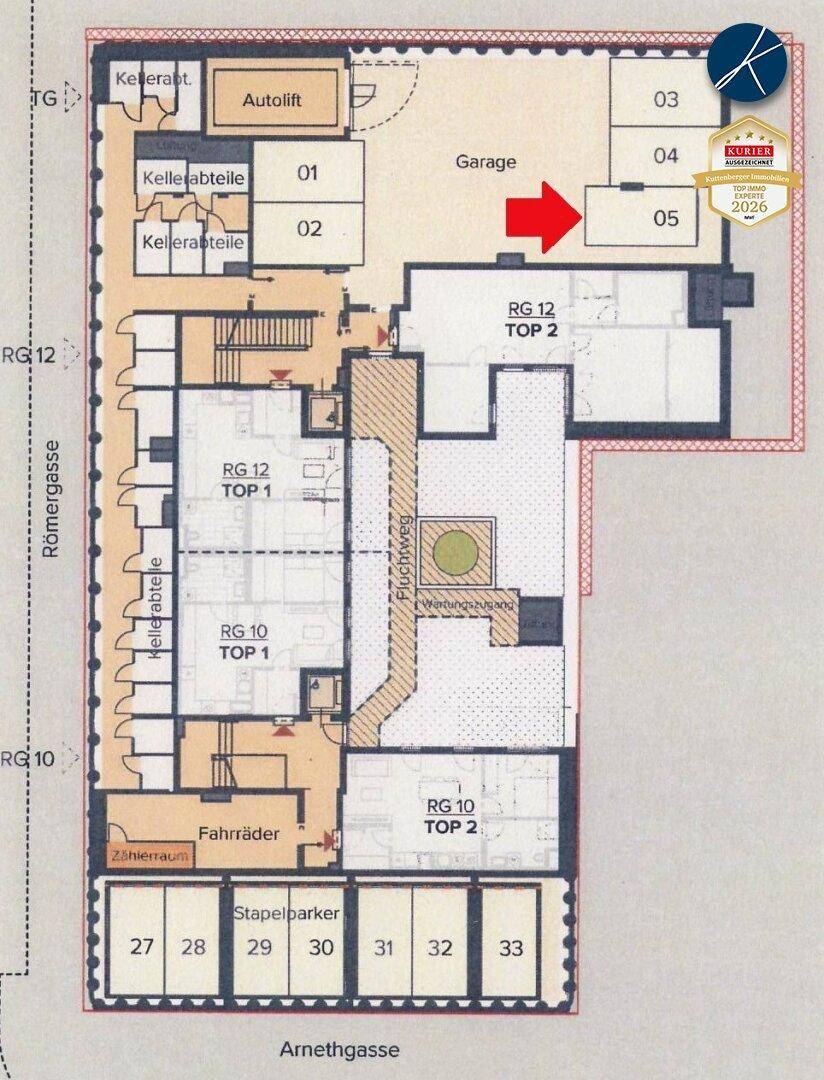 Grundriss des Untergeschosses mit Kellerabteilen, Fahrradraum und Tiefgarage.