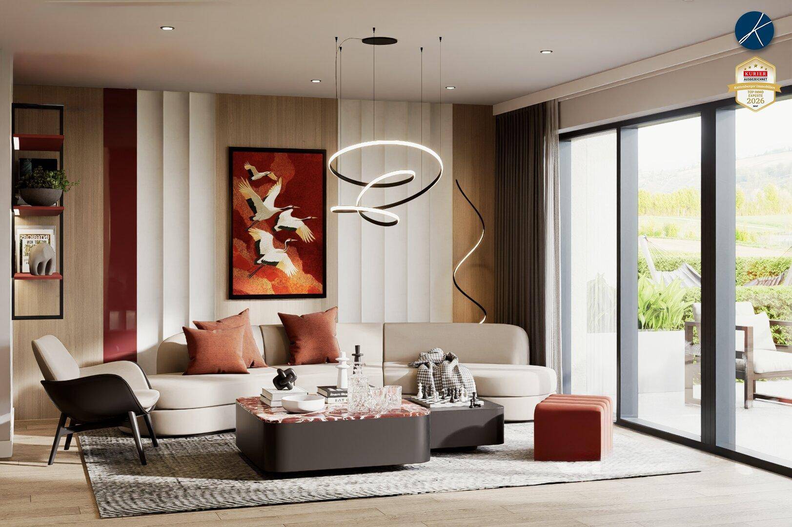 Modernes Wohnzimmer mit stilvollen Möbeln, indirekter Beleuchtung und Zugang zur Terrasse.