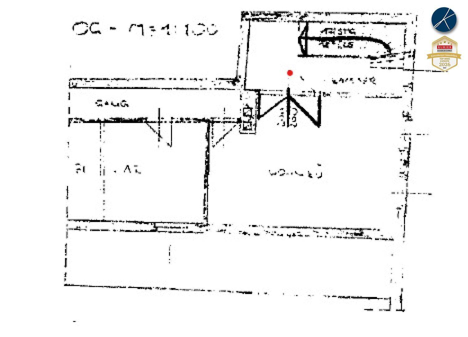 Grober Grundriss des Obergeschosses mit Schlafzimmern und Badezimmer.