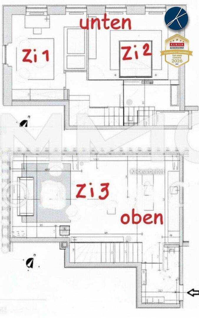 Grundrissplan zeigt die Aufteilung der Zimmer auf zwei Ebenen des Anwesens.