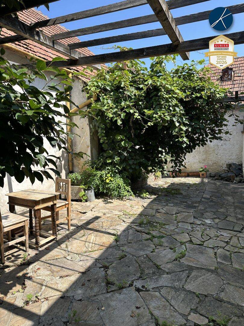 Gepflasterter Gartenbereich unter einer Pergola mit üppiger grüner Bepflanzung an einem sonnigen Tag.