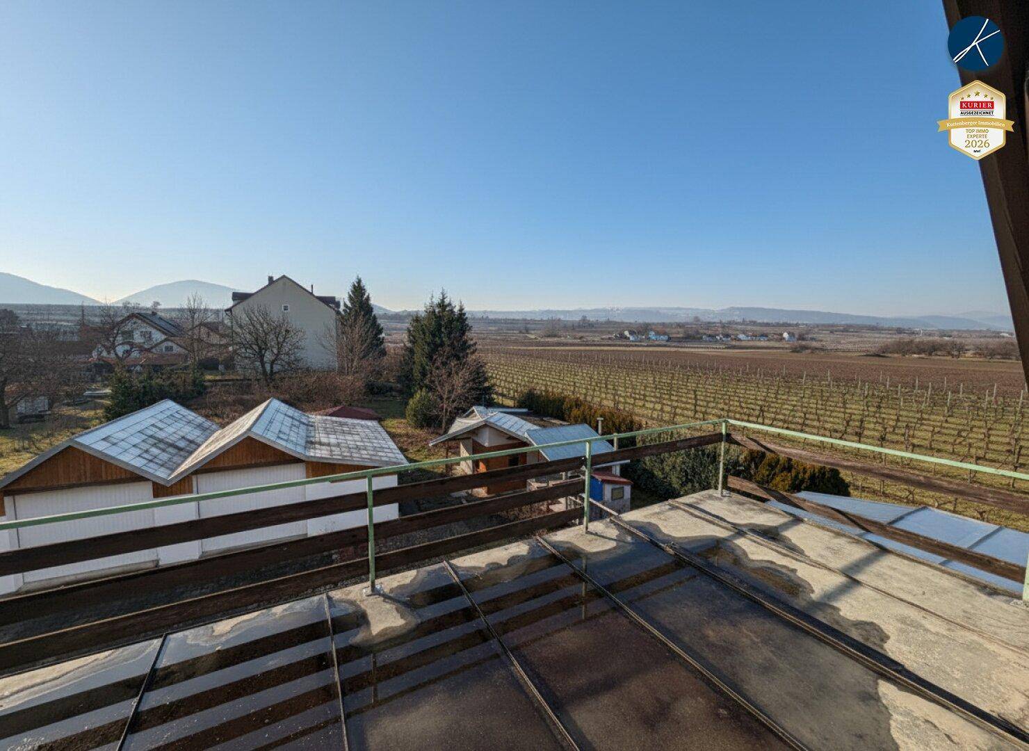 Blick von der Dachterrasse auf weite Weinberge und die umliegende Landschaft unter blauem Himmel.
