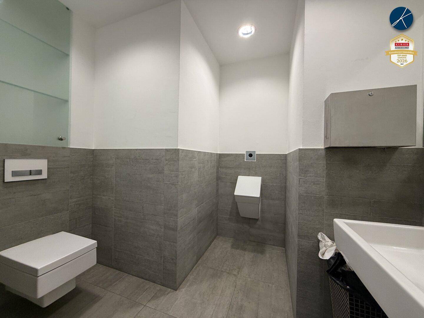 Modernes Gäste-WC mit grauen Fliesen, wandhängender Toilette und Urinal.