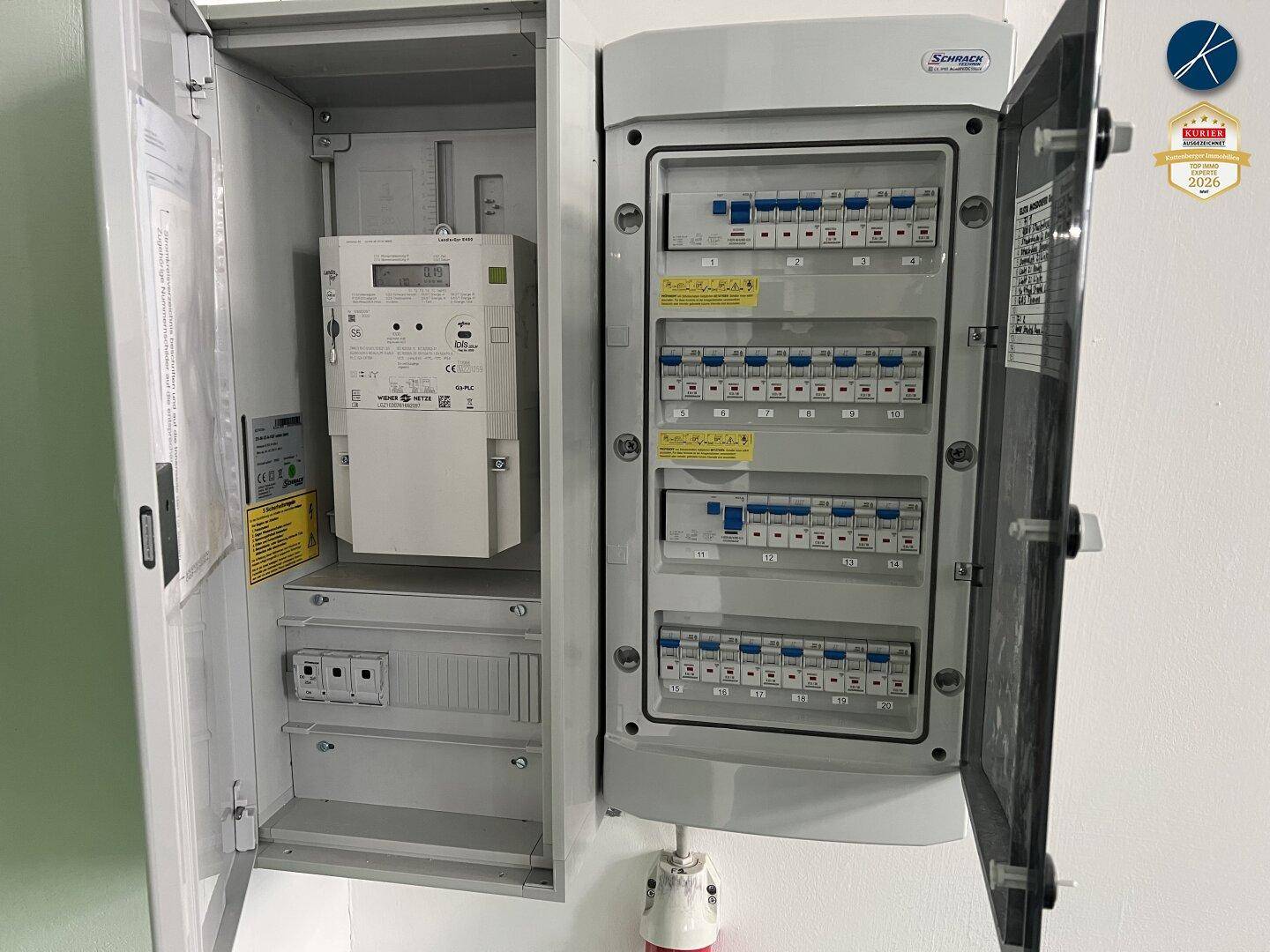 Elektrischer Verteilerkasten mit Sicherungen und Stromzähler in einem Technikraum.