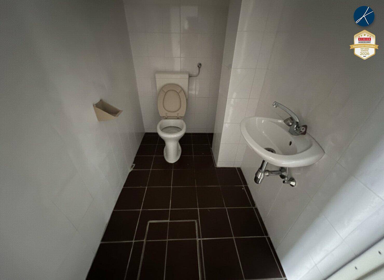 Kleine Toilette mit WC, Waschbecken und braunen Bodenfliesen.