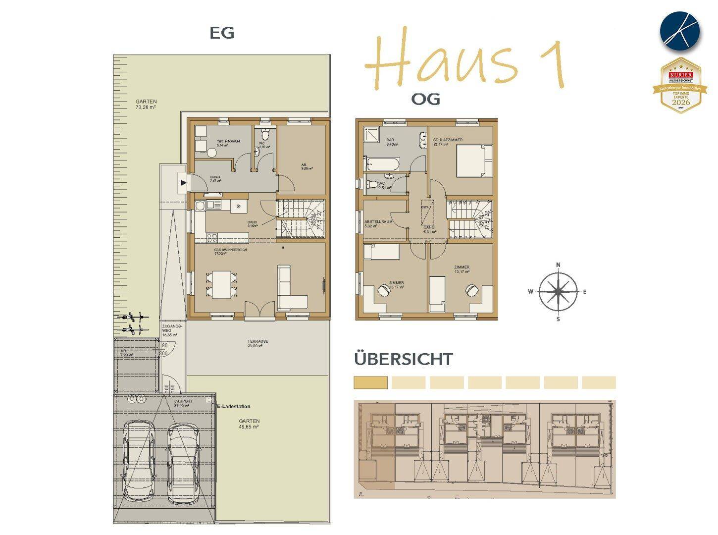 Grundriss von Haus 1 mit Erdgeschoss und Obergeschoss, inklusive Garten und Carport.