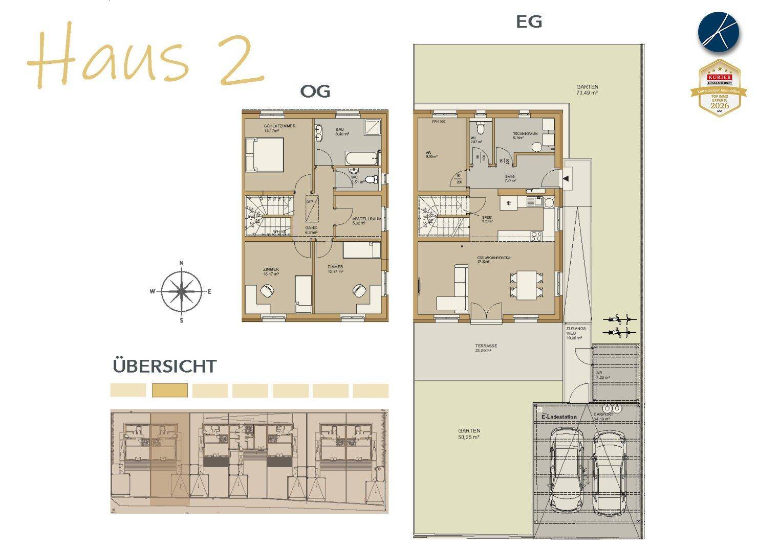 Grundriss für Haus 2 mit Erdgeschoss und Obergeschoss, inklusive Garten und Carport.