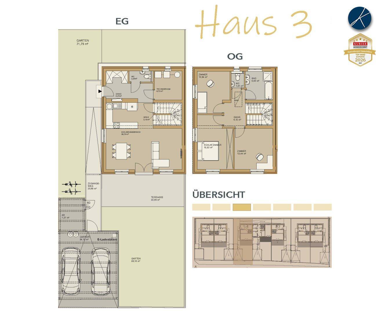 Grundriss von Haus 3 mit Erdgeschoss und Obergeschoss, inklusive Garten und Carport.