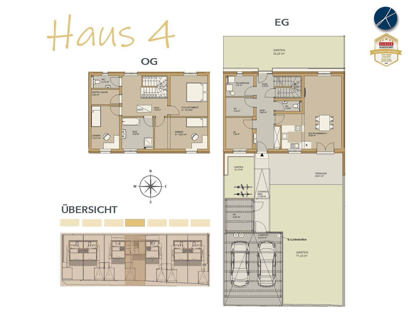 Detaillierter Grundriss von Haus 4 mit Erdgeschoss und Obergeschoss sowie Außenbereichen.