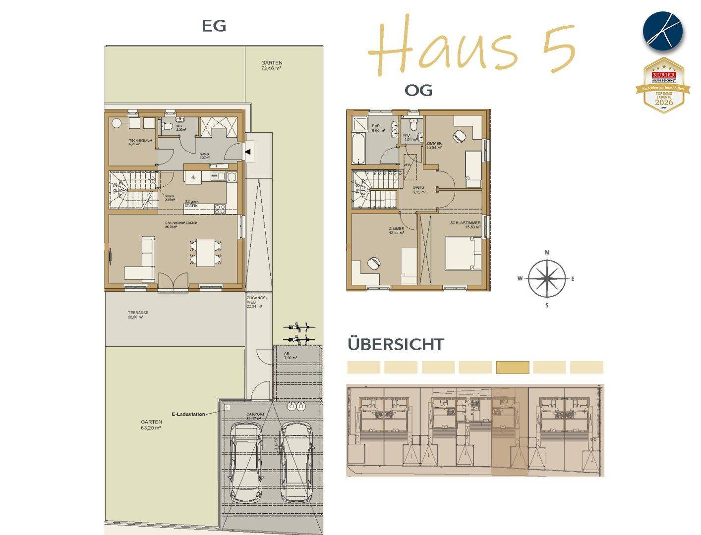 Grundriss für Haus 5 mit Erdgeschoss, Obergeschoss und Stellplätzen für Fahrzeuge.