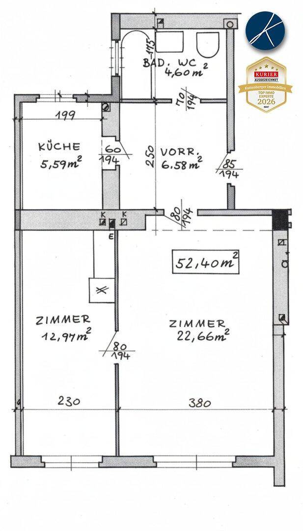 Grundriss einer Wohnung mit zwei Zimmern, Küche, Bad und separatem WC.