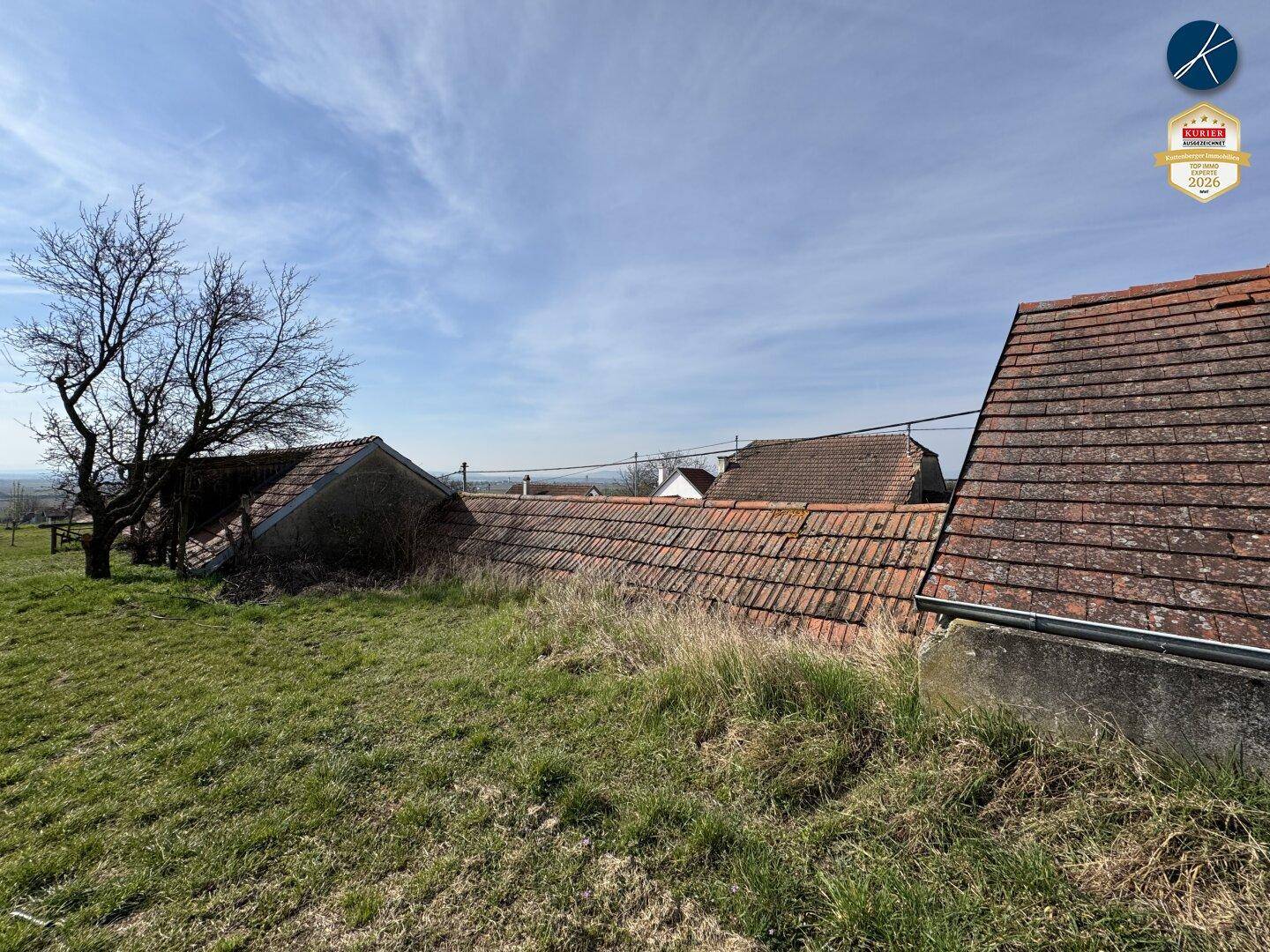 Grüne Wiese hinter alten Gebäuden mit Ziegeldächern unter einem weiten Himmel und ländlicher Aussicht.