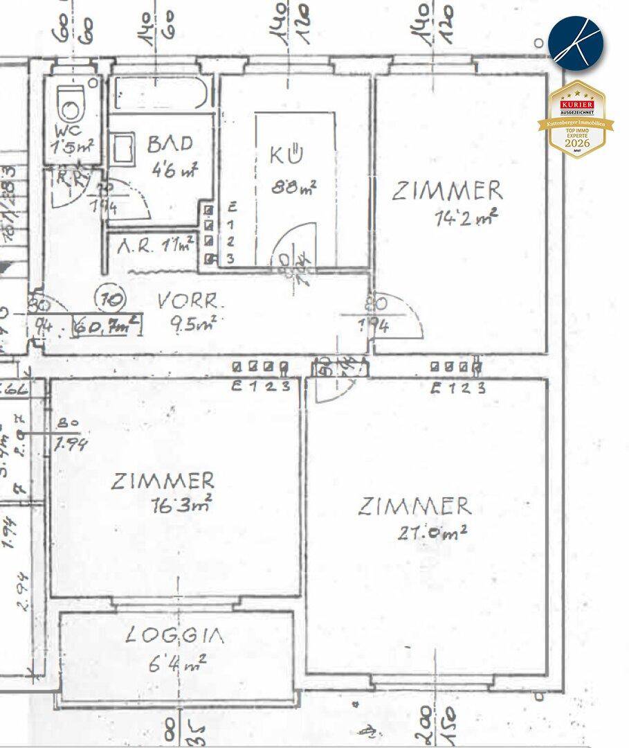 Detaillierter Grundriss der Wohnung mit Zimmeraufteilung, Bad, Küche und Loggia.