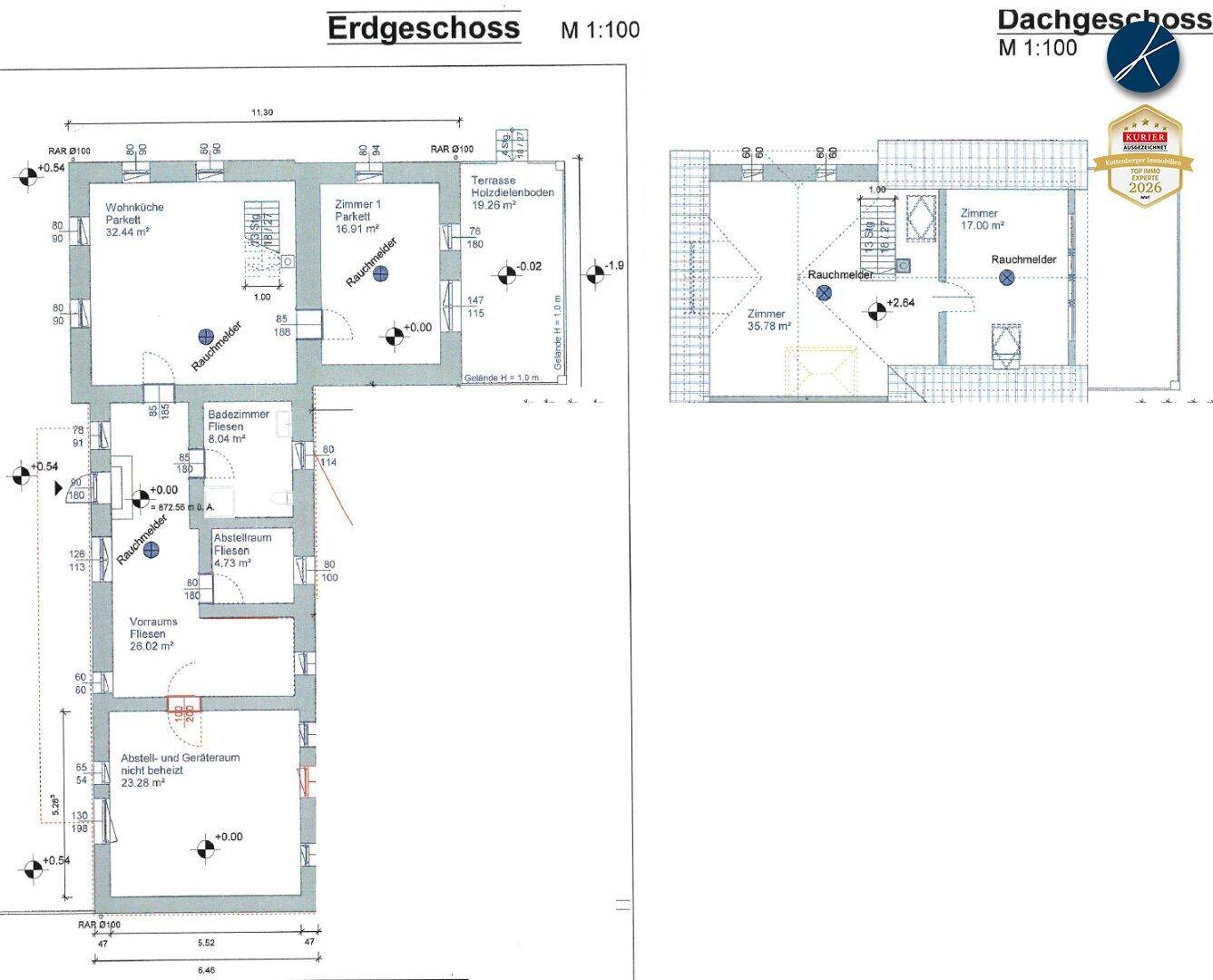 Grundriss des Erdgeschosses und Dachgeschosses mit Raumaufteilung und Flächenangaben.