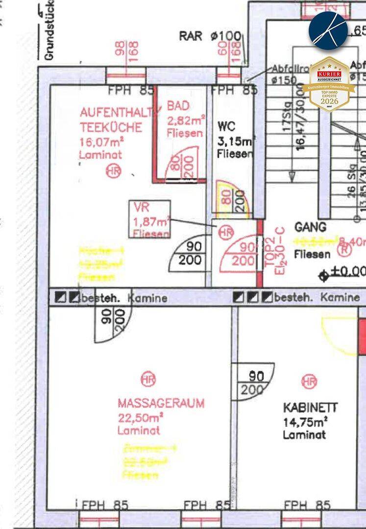 Grundriss zeigt Aufenthaltsraum, Teeküche, Bad, WC, Massageraum und Kabinett.