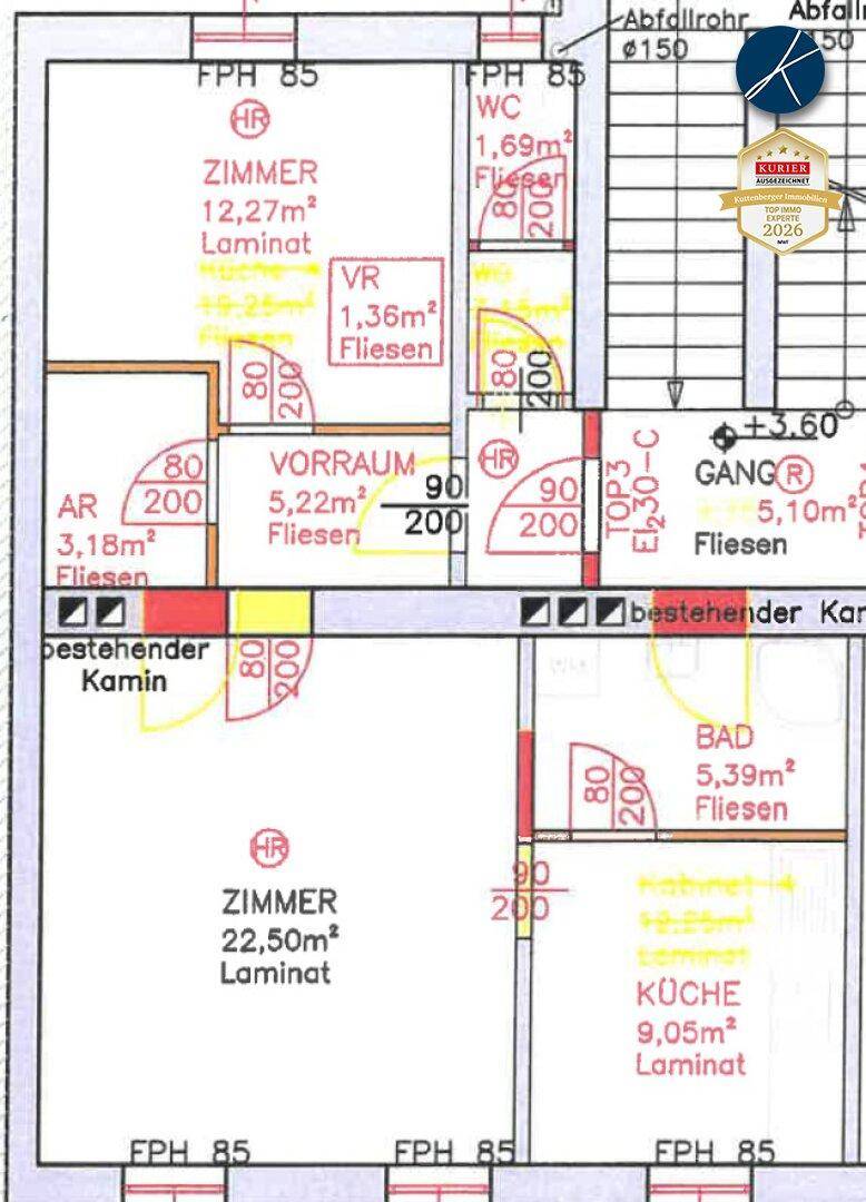 Detaillierter Grundriss einer Wohnung mit mehreren Zimmern, Küche und Bad.