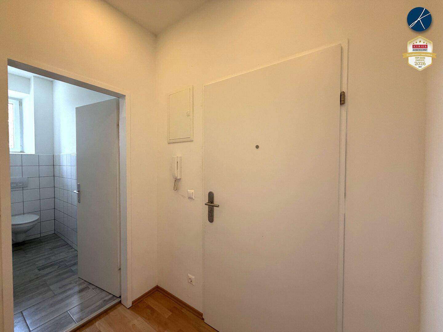 Eingangsbereich mit weißer Tür und Zugang zu einem gefliesten Badezimmer oder WC.