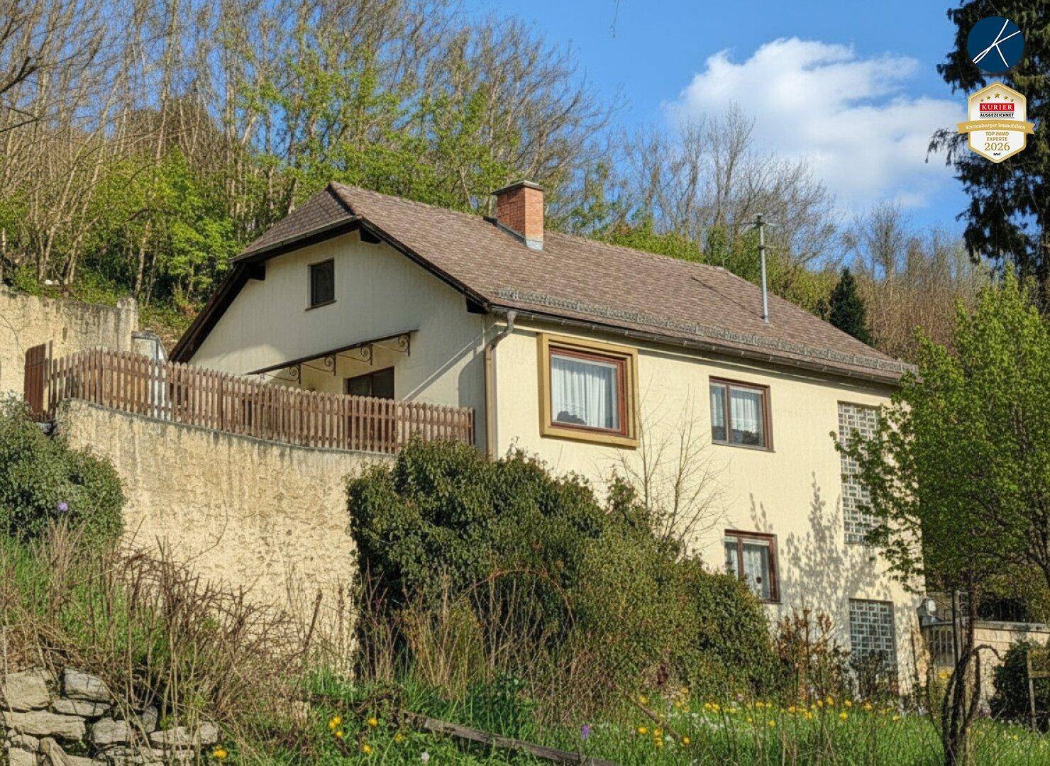 Ansicht des Hauses mit heller Fassade, braunem Satteldach und umgebender grüner Vegetation am Hang.