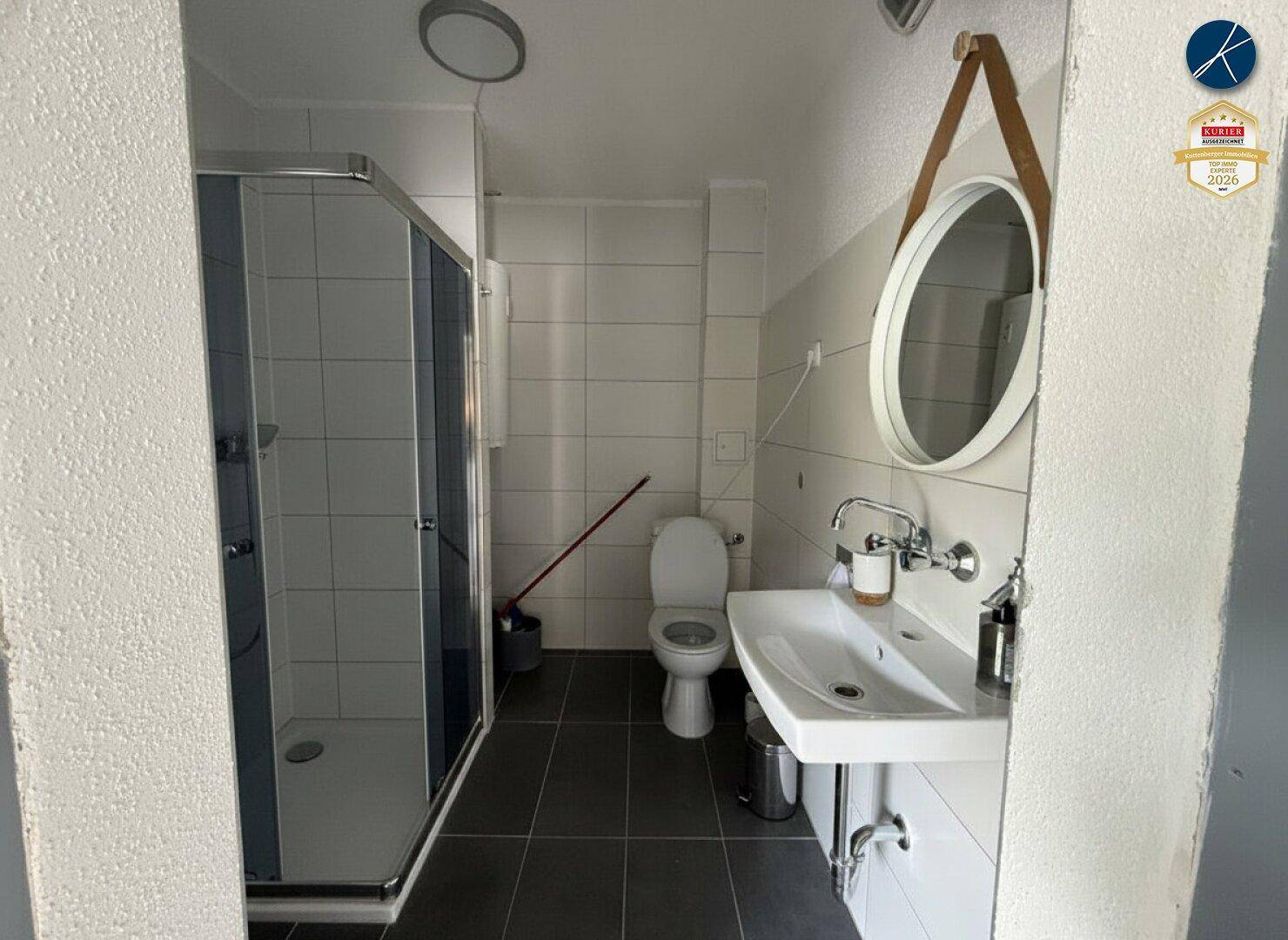 Modernes Badezimmer mit Duschkabine, Waschbecken und Spiegel.