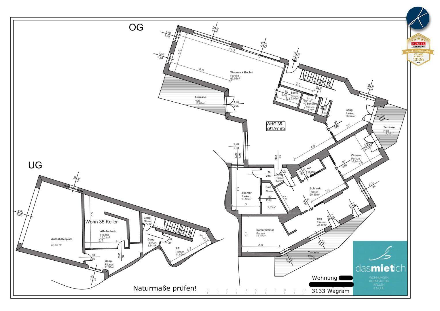 Detaillierter Grundriss zeigt Ober- und Untergeschoss mit Terrassen und Raumaufteilung.