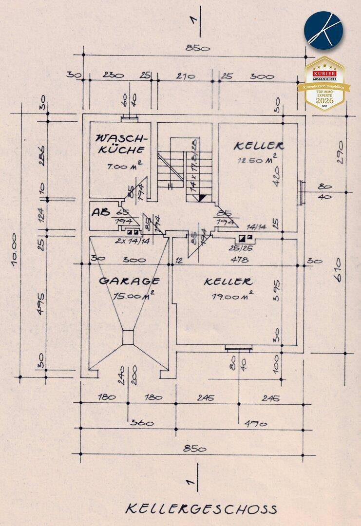 Grundriss des Kellergeschosses mit Waschküche, Garage und weiteren Kellerräumen.