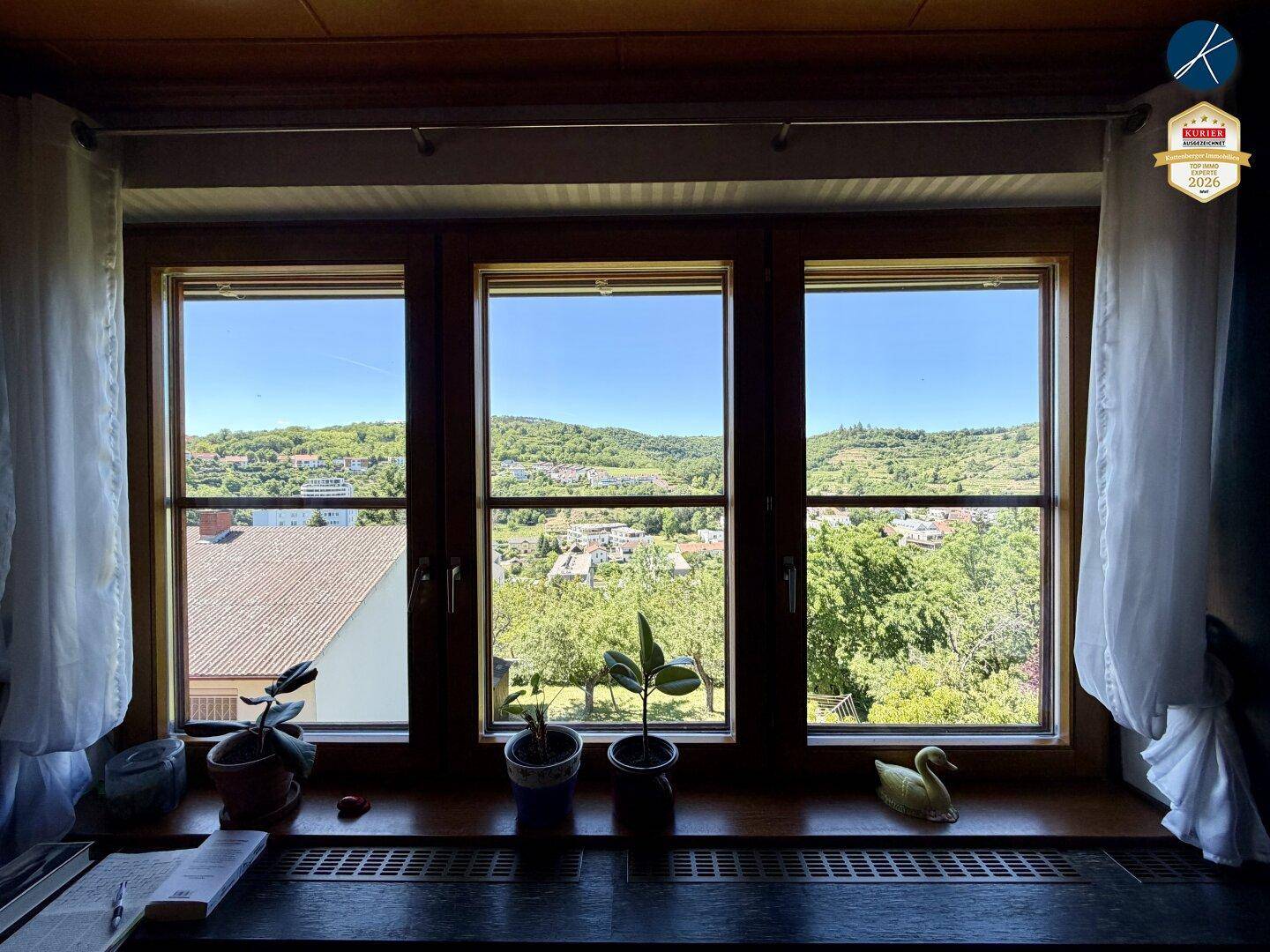 Fenster mit weitem Blick über eine grüne Hügellandschaft und Siedlung.