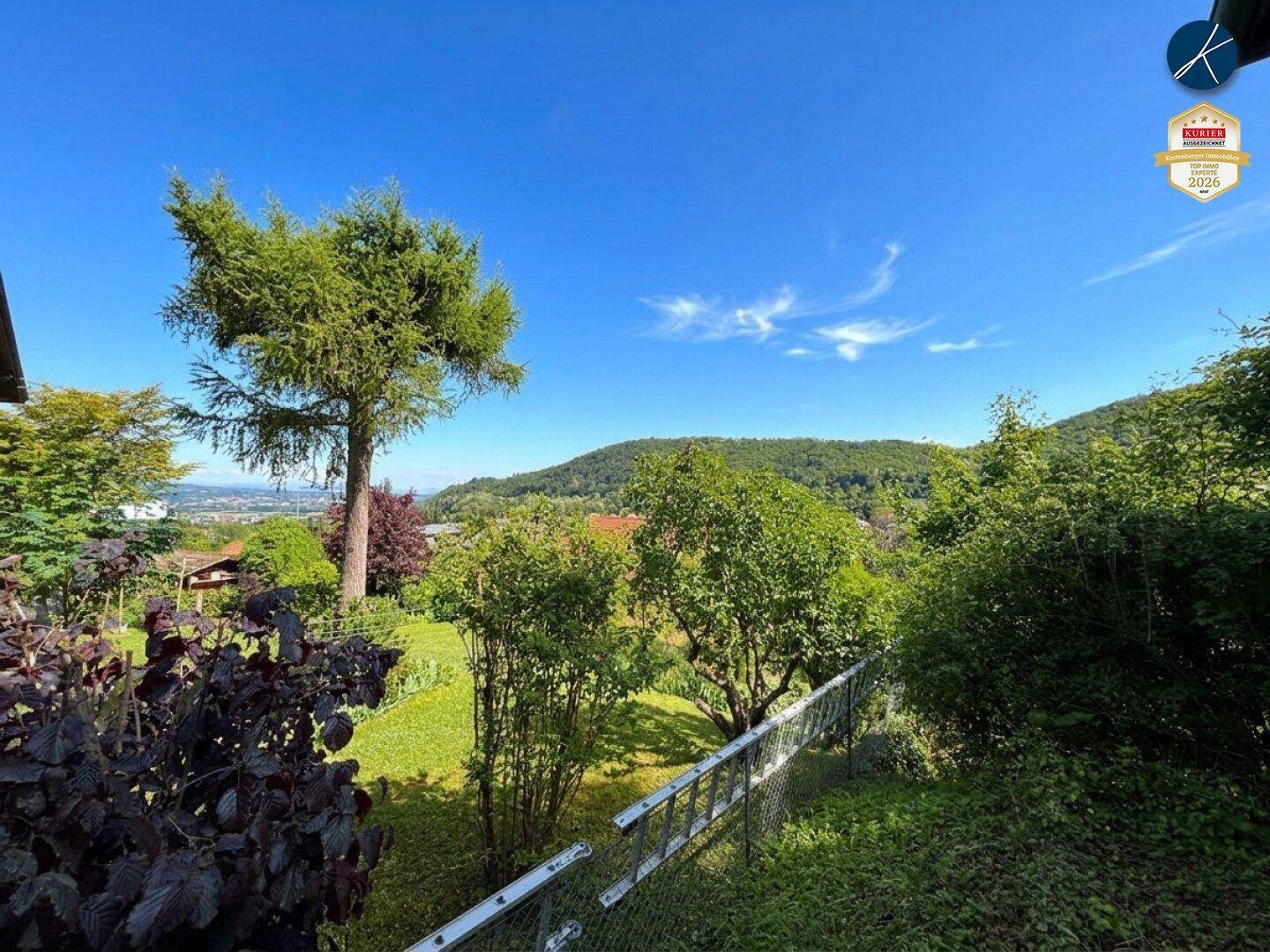 Grüner Gartenbereich mit Bäumen und weitem Blick über die Landschaft und Hügel.
