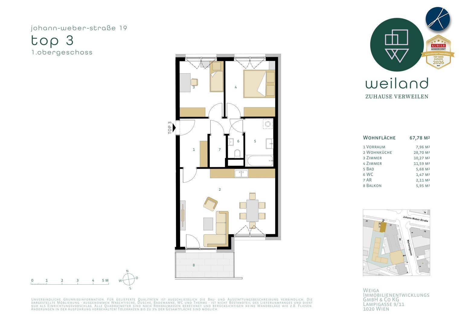 Grundriss der Wohnung Top 3 im 1. Obergeschoss mit Balkon und offener Wohnküche.