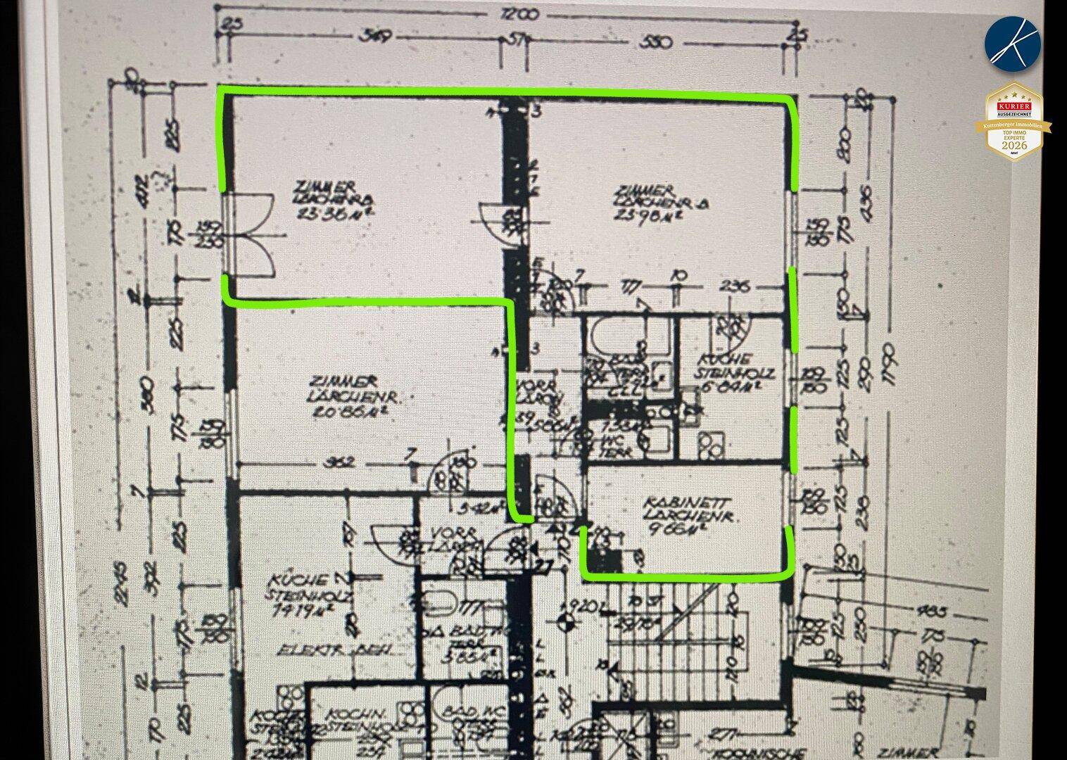 Detaillierter Grundriss mit Raumaufteilung und Flächenangaben, hervorgehobene Bereiche.