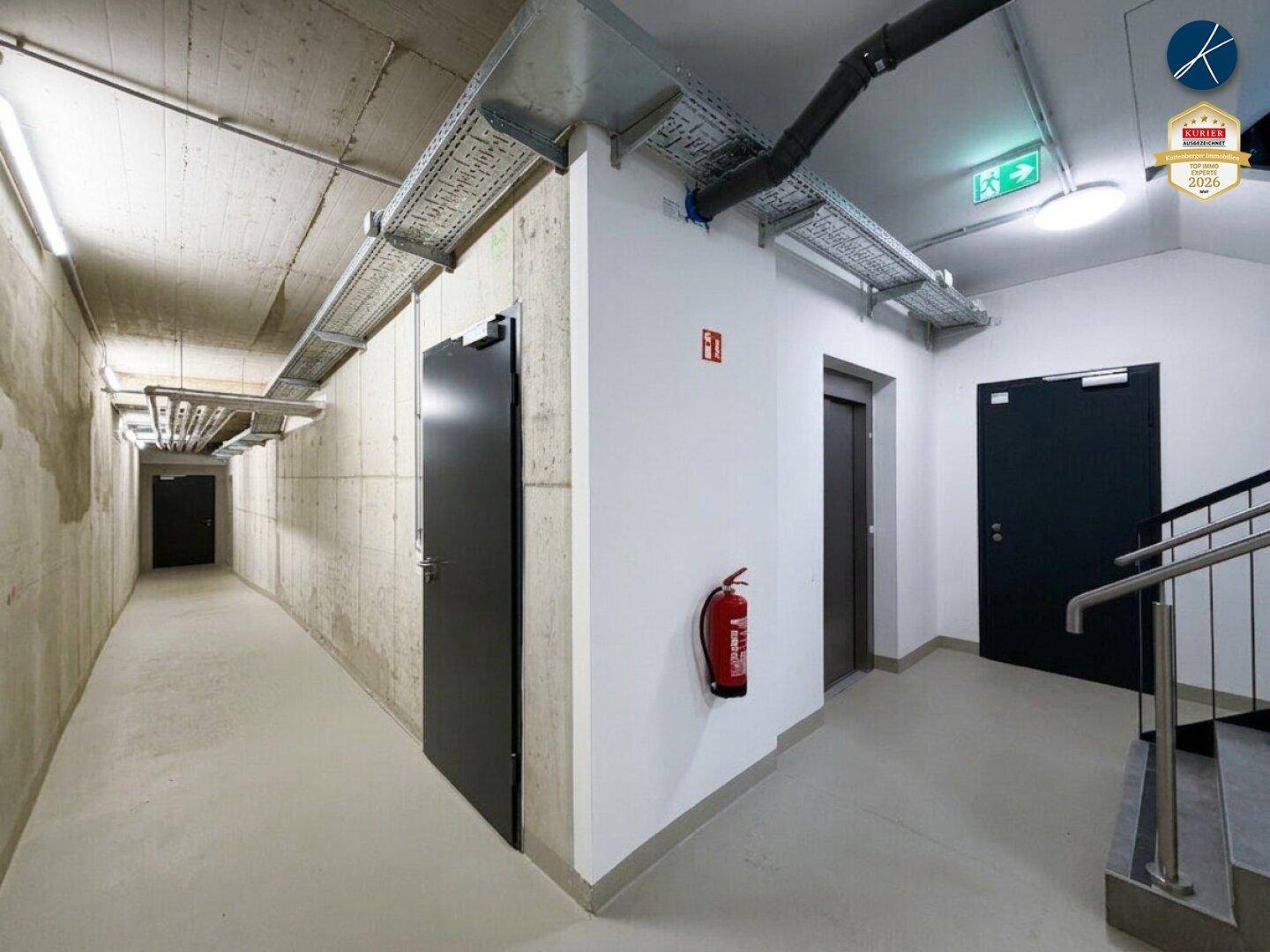 Funktionaler Kellerflur mit Sichtbetonwänden und technischen Installationen.