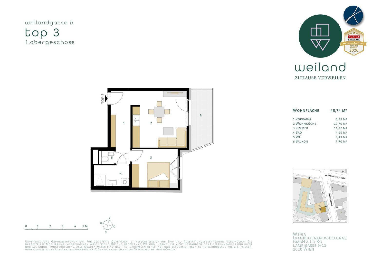Grundriss der Wohnung Top 3 im 1. Obergeschoss mit Wohnküche, Schlafzimmer und Balkon.