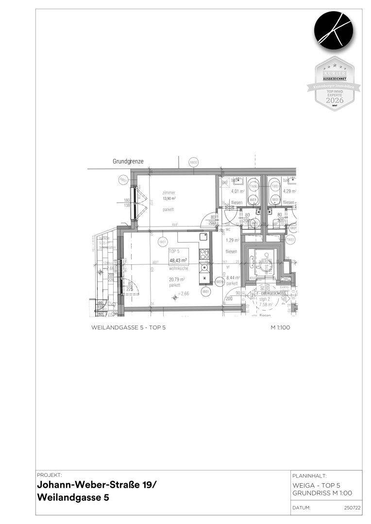 Grundriss der Wohnung Top 5 mit 48,53 m² Wohnfläche und einem Balkon.
