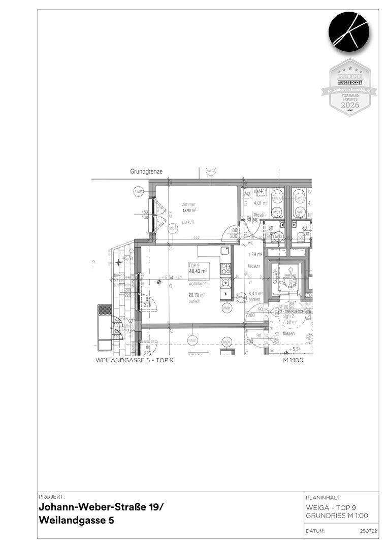 Grundriss der Wohnung "Top 9" mit Raumaufteilung und Maßen.