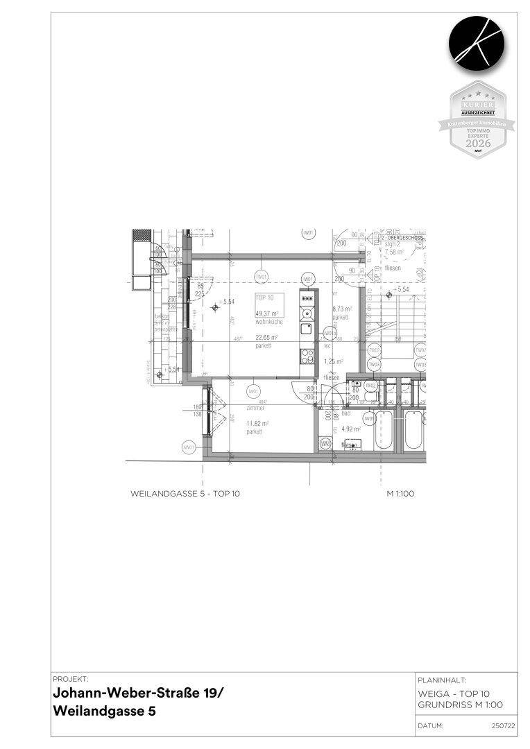 Grundriss des Apartments Top 10 mit Raumaufteilung und Maßen.