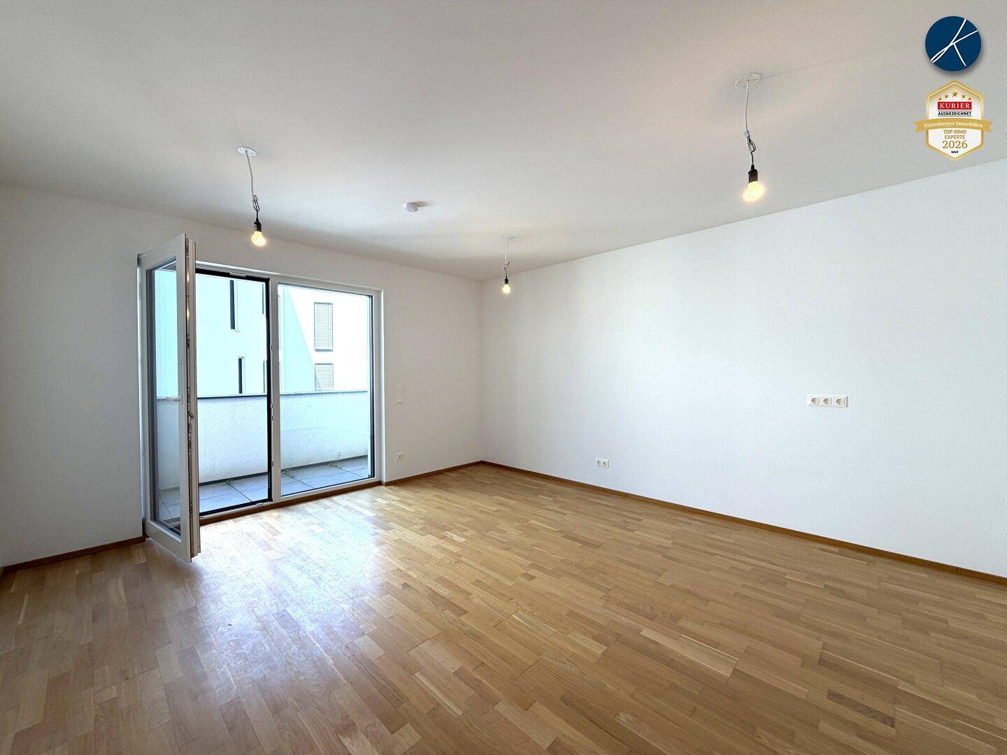 Großes, helles Wohnzimmer mit Parkettboden und direktem Zugang zum Balkon, ideal für Tageslicht.